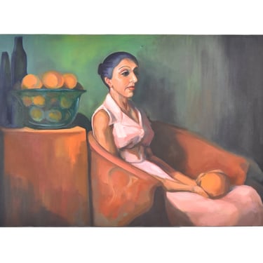 Portrait Woman in Pink Dress w Oranges Oil Painting Lenell Chicago Artist 