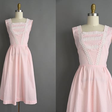 vintage 1950s Dress | Vintage Pink Pinstripe Cotton Shirtwaist Dress | small 