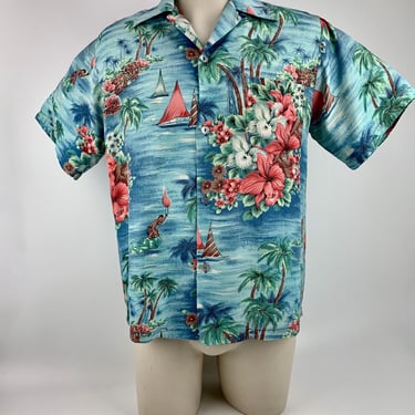 1950's Hawaiian Shirt - Made in Hawaii - Screen Printed Rayon - Loop Collar - Palm Trees & Tropical Flowers - Men's Size Small to Medium 