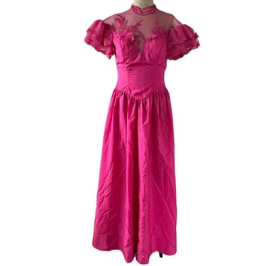 Vintage Eve of Milady Hot Pink Floral Ruffle Sleeve Maxi Prom Formal Dress Sz S 
