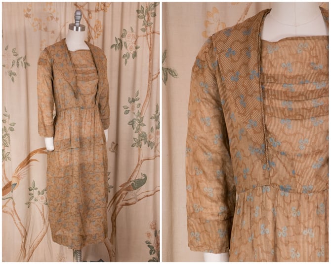 Edwardian Dress - Antique c.1916-18 Semi Sheer Homemade Cotton Daytime Frock in Brown with Blue Volup Size, As Is 