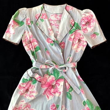 1940s Grey Floral Cotton Wrap Dress - Size S/M