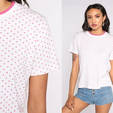 Polka Dot T Shirt 80s Shirt White Pink Top Retro Vintage 1980s Tshirt Dot Print Ringer Tee Medium 