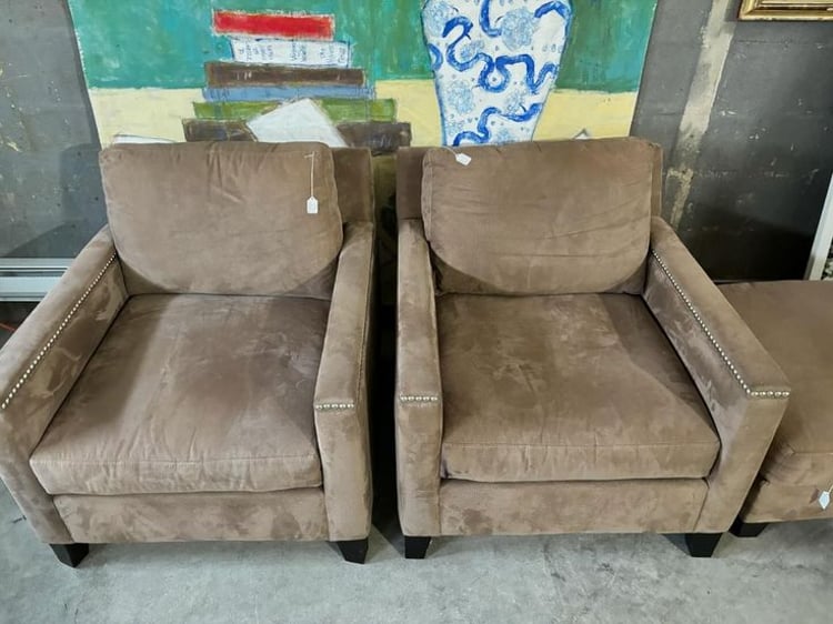 Brown comfy chairs and hassock. Chairs 32” across 36” deep. Hassock 27” square.
