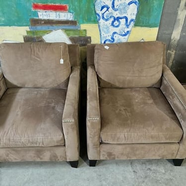 Brown comfy chairs and hassock. Chairs 32” across 36” deep. Hassock 27” square.
