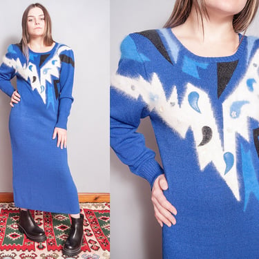 Vintage 1980's | Blue | Embellished | Sweater | Dress | S/M 