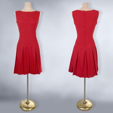 VINTAGE 60s Crimson Red Wool Drop Waist Dress with Pleated Sweep | 1960s MCM Short Scooter Dress | VFG 