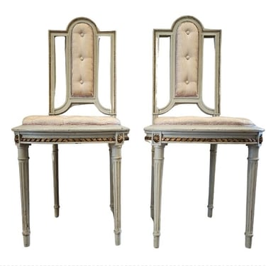 Antique French Louis XVI Style Painted Parcel Gilt Wood Side Chairs with Tufted Button Upholstery 