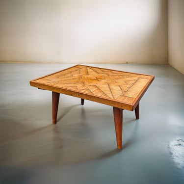 Matchstick Inlay Folk Art Table – Mid Century Petite Coffee Table – Geometric Low Table – Outsider Art Accent Table 