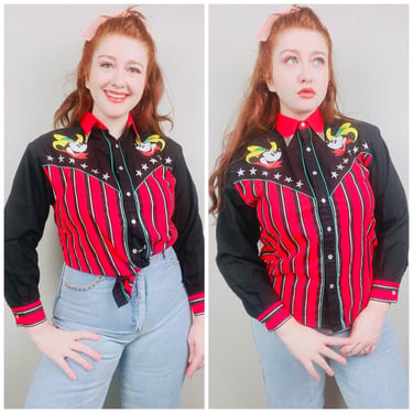 1990s Vintage Mickey Mouse Western Shirt / 90s Novelty Cowboy Mickey Striped Blouse / Small - Large 