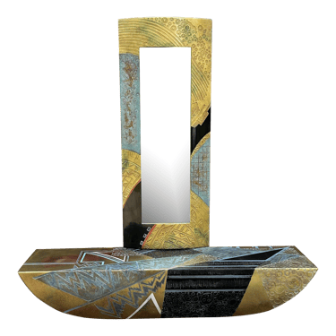 Post Modern Console Table and Mirror Gold Black