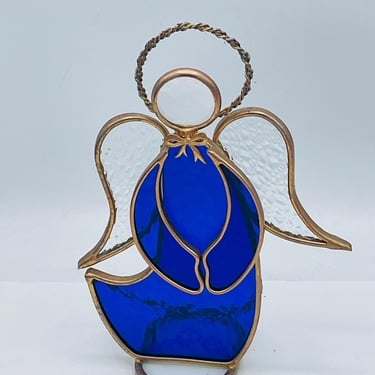 Stained Glass Angel Figurine Cobalt Blue Suncatcher Free standing  6.5