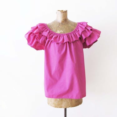 Vintage Magenta Pink Mexican Ruffle Blouse M - Frilly Short Sleeve Boho Frida Kahlo Romantic Top - Dia de Los Muertos 