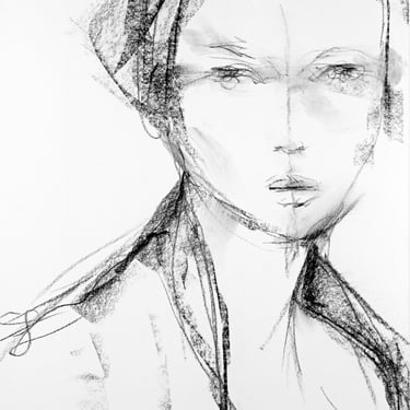 Expressive Female Portrait Painting - Loose Style Mixed Media Portrait - Black and White Art - Art Gifts - 9x12 - Ready to Frame - Charcoal 