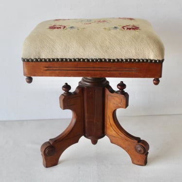 TONK Chicago & New York Vintage Ornate Wood Needlepoint Padded Upholstered Adjustable Height Stool 