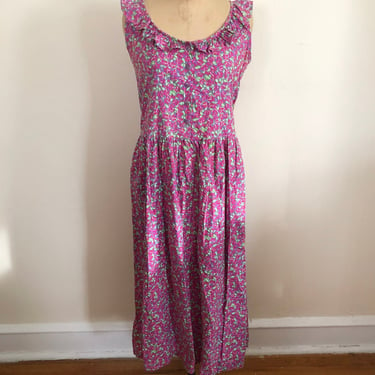 Sleeveless Pink and Purple Ditsy Floral Print Cotton Sundress - 1980s 