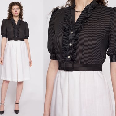 70s Black & White Ruffle Trim Secretary Dress - Medium | Vintage Belted Two Tone Striped Midi Shirtdress 