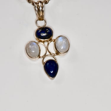 Lapis Lazuli & Moonstone Gemstone .935 Sterling Silver Pendant Necklace Artisan Handmade New 18