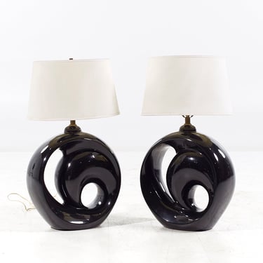 Royal Haeger Style Postmodern Black Swirl Pottery Lamps - mcm 