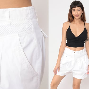 90s Paper Bag Shorts White Pleated Trouser Shorts Fishnet Mesh Preppy Shorts High Waisted Cotton Summer High Waist Vintage 1990s Medium 