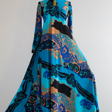 FANTASTIC Late 1960's Abstract Wave Print Maxi Dress From Saks Fifth Ave / Medium