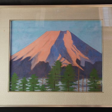 Antique Japan Fuji mountain landscape painting 1970 watercolor Aka-Fuji 