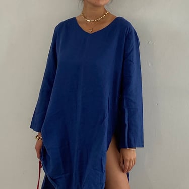 90s linen tunic mini dress / vintage navy blue woven linen drawstring market resort wear beach mini dress tunic | Large 