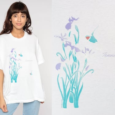 Tennessee T Shirt 90s Floral Shirt Bird Iris Flower Graphic Tee Retro Tourist Travel White Boho Top 1990s Vintage Screen Stars 2xl xxl 