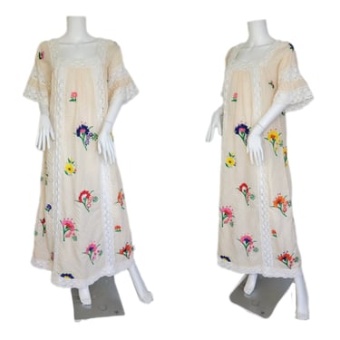 1980's Cream Pin Tucked Floral Embroidered Mexican Caftan Dress I Sz Med 