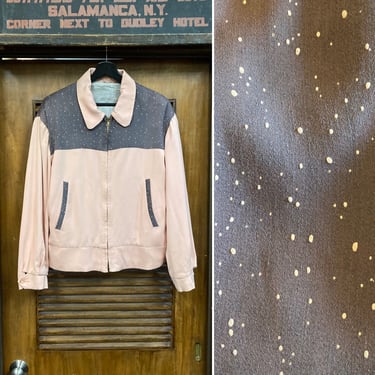 Vintage 1950’s Two-Tone Pink x Grey Atomic Rayon Gabardine Rockabilly Ricky Zipper Jacket, Elvis, 50’s Vintage Clothing 