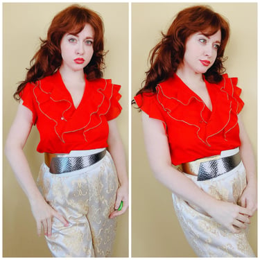 1980s Vintage Red and Gold Ruffled Blouse / 80s / Eighties Western Square Dance Shirt / Medium 