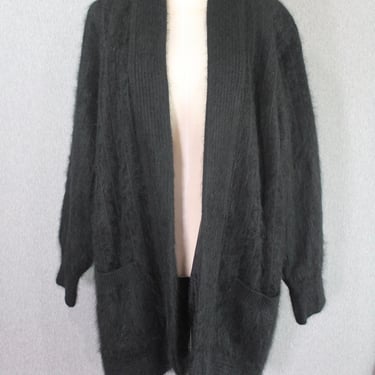 1980s Black Angora Cardigan || Oversized Sweater || Duster || Size M/L 