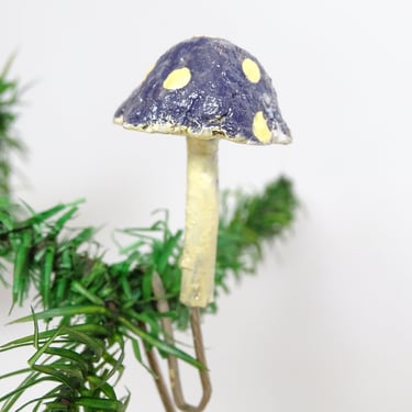 Vintage Hand Made Pulp Paper Mache Mushroom Clip On Christmas Tree Ornament, Hand Painted Feather Tree Decor 