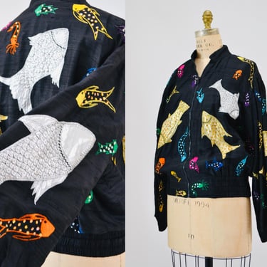 80s 90s Vintage Sequin Jacket Tropical Fish Black Beaded Jacket Medium Large // Vintage Black beaded Jacket Fish Ocean Cruise Beach Jacket 