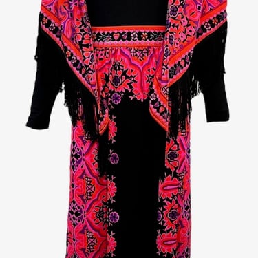 Mr.Dino 1970s Black and Hot Pink Maxi Dress with Fringed Shawl
