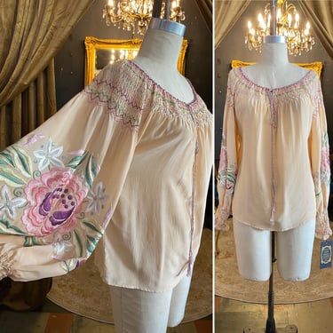 1980s silk blouse, balloon sleeves, Hungarian style, vintage tunic, embroidered flowers, medium large, bohemian style, smocked, drawstring 