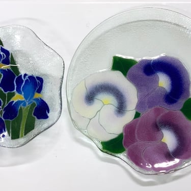 2 Peggy Karr Floral Art Fused Handblown glassworks ~  handmade art studio weighted glass, 8” purple iris bowl~large  14” pansy platter plate 