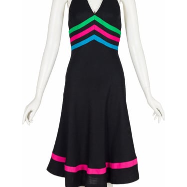 Louis Féraud 1970s Striped Black Vintage Halter Neck Dress Sz XS 