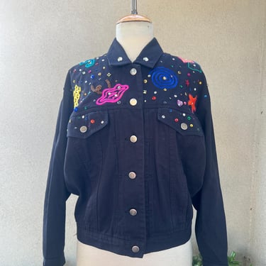 Vintage Carole Little Sport black Jean jacket with embellished shoulders Sz 4 