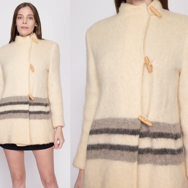 Small 70s Icewool Icelandic Wool Sweater Coat | Vintage Alafloss Nordic Cream Striped Button Up Winter Jacket 