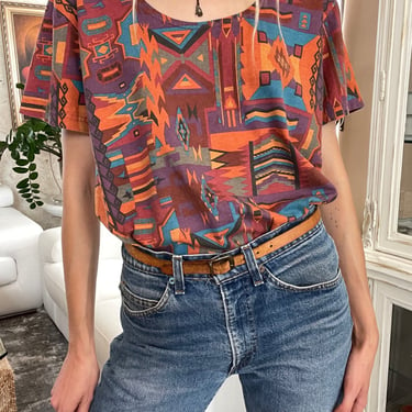1990's Tshirt / Southwest All Over Print Jersey Tshirt / Scoop Neck Oversized Tshirt 