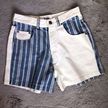 Vintage 1980s Short Denim Pants, Striped Patchwork Blue White MOM JEANS, Jean Shorts, sz 7, Madras 1990's 