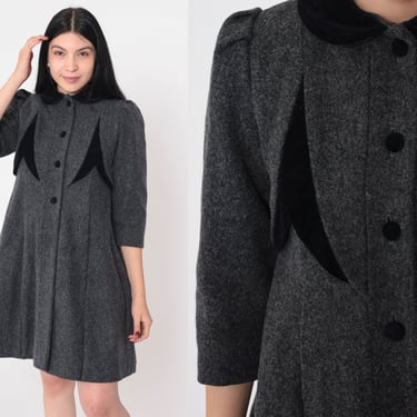 60s Coat Dress Grey Wool Mod Mini Dress Black Peter Pan Collar 3/4 Puff Sleeve Button up Shift Pleated Chic Vintage 1960s Rothschild 2xs xxs 