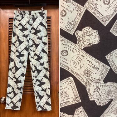 Vintage 1980’s “Life’s a Beach” Dollar Bill Print Surf Pants, 80’s New Wave Pants, Vintage Surf, Vintage Bad Boy, Vintage Clothing 