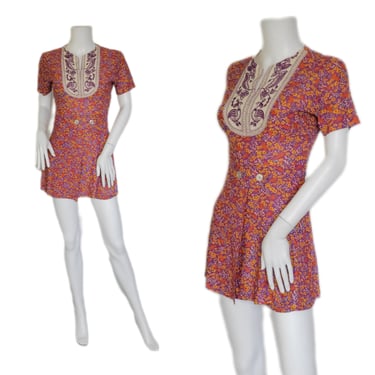 1970's Purple Orange Ditsy Floral Print Nylon 2 Pc Shorts Romper Set I Sz Sm I Pepe Jrs 