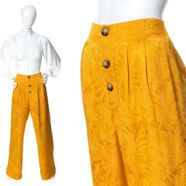 Modern HOUSE OF HARLOW 1960 Pants | 1940s Vintage Style Gold Yellow Mustard Satin Jacquard Leaf High Waisted Wide Leg Lounge Pants (medium) 
