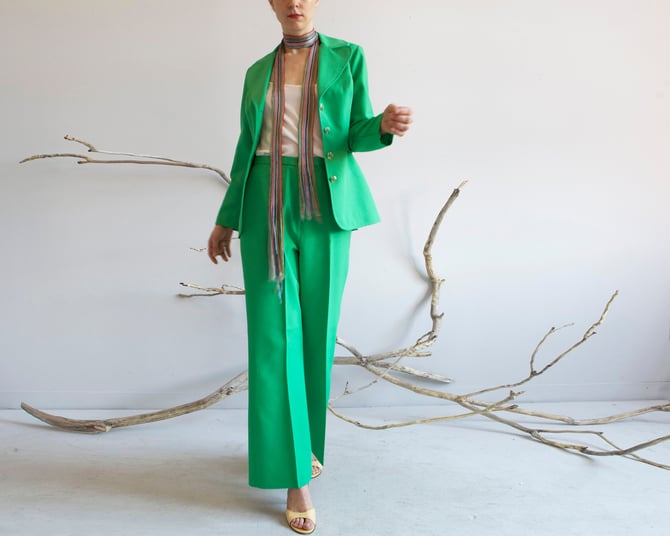 green 70s pants suit / S 