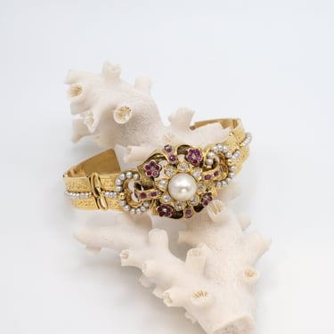 Victorian Bangle Bracelet in 18 Karat Gold with Pearl, Diamond, and Ruby