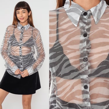 Zebra Print Blouse Y2k Animal Print Top Sheer Shirt Long Sleeve Button Up Collared See-Through Party Black White Grey Vintage 00s Medium M 