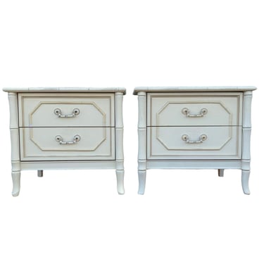 Set of 2 Vintage Faux Bamboo Nightstands by Broyhill FREE SHIPPING - Pair of Creamy White End Tables Hollywood Regency Coastal Furniture 